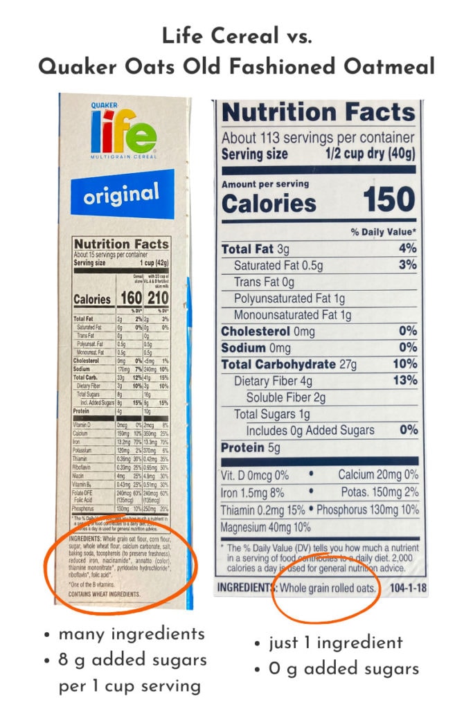 Life cereal food label next to Quaker oats oatmeal food label for comparing foods with added sugar