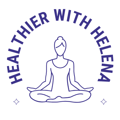 Woman sitting in yoga pose below the words Healthier with Helena