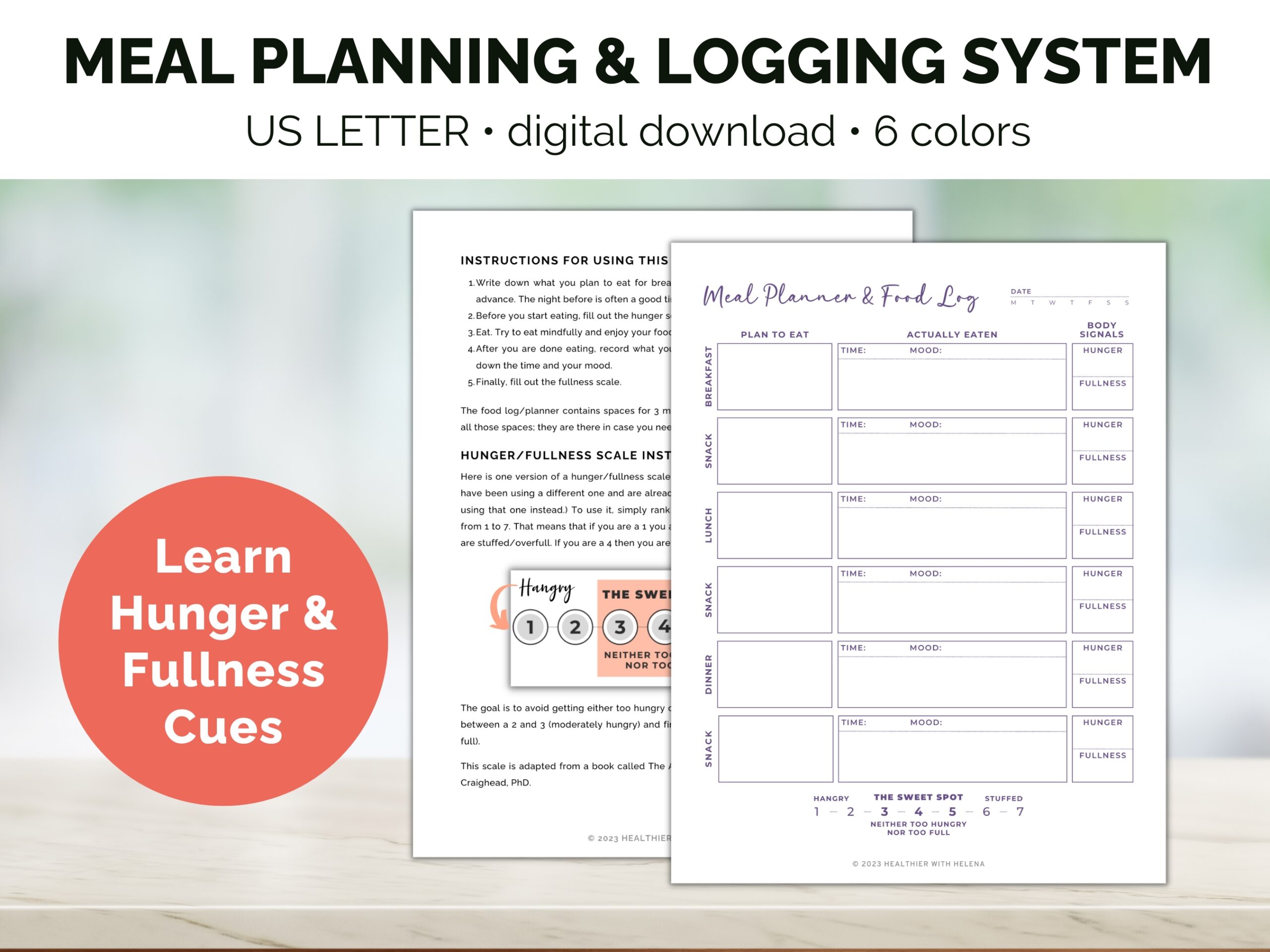 Picture of 2 pages of the Meal Planning & Logging System