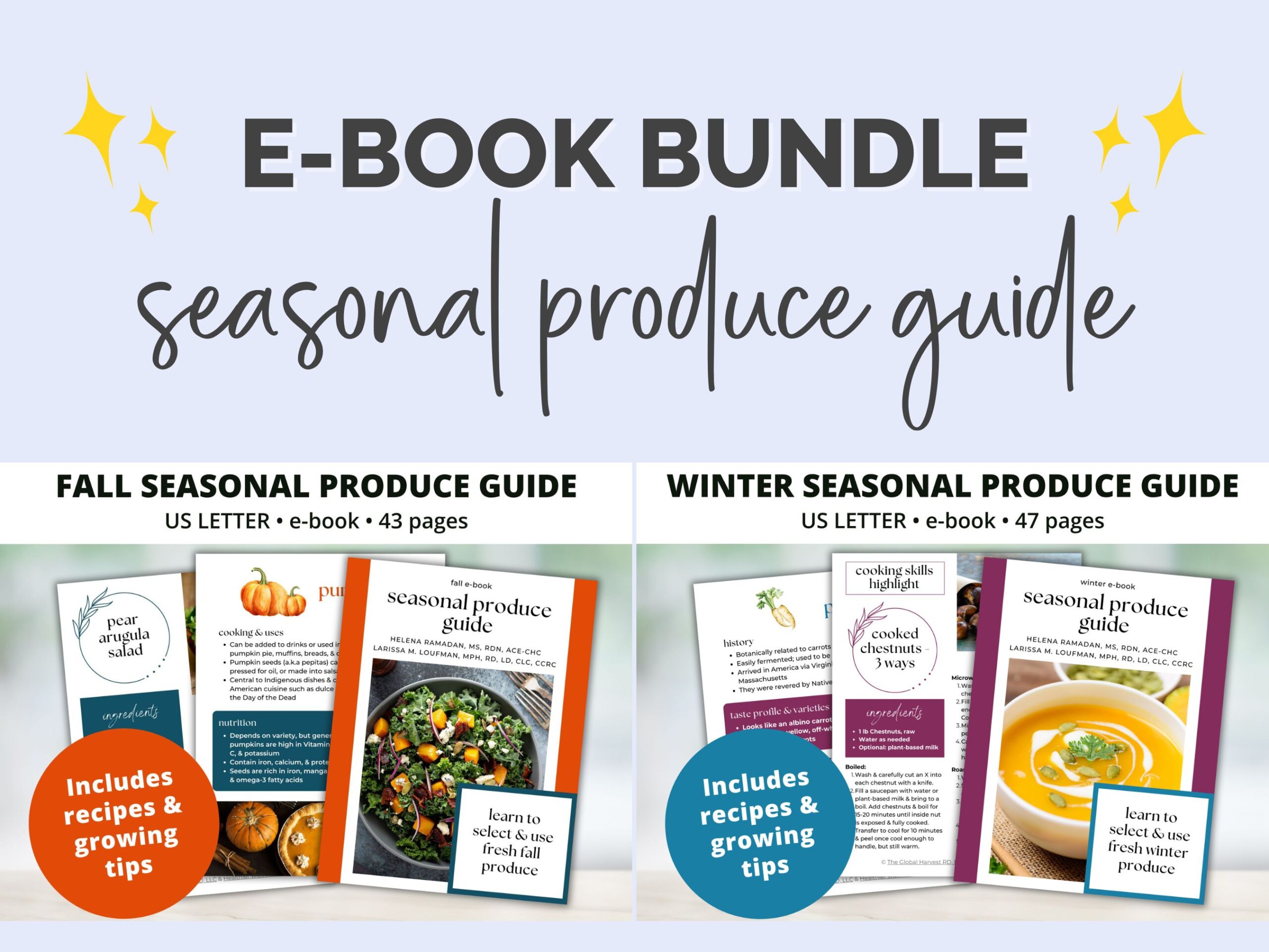 The words "e-book bundle" surrounded by yellow stars on either side with the words "seasonal produce guide" below and cover images of the fall and winter produce guides