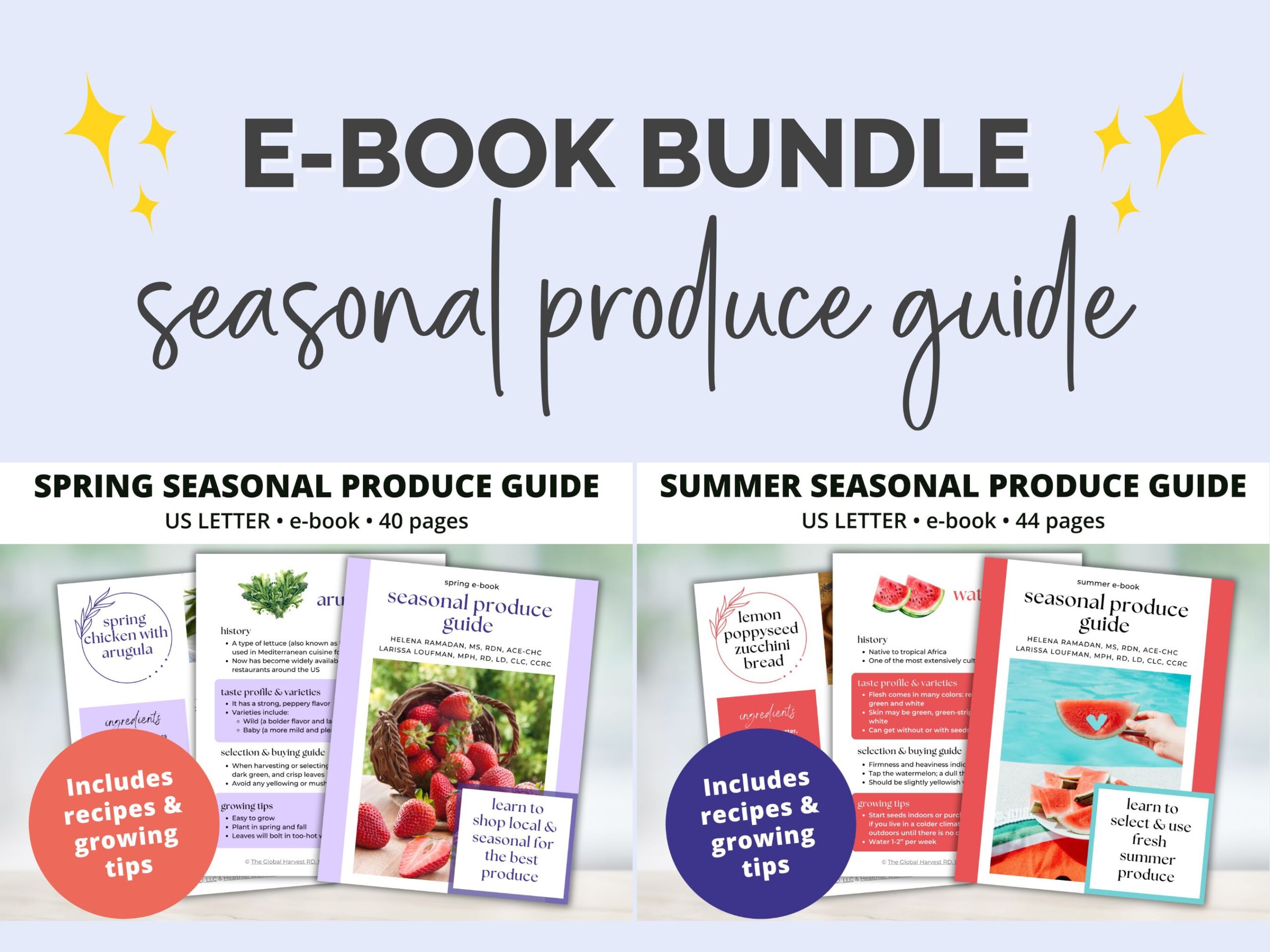 The words "e-book bundle" surrounded by yellow stars on either side with the words "seasonal produce guide" below and cover images of the spring and summer produce guides