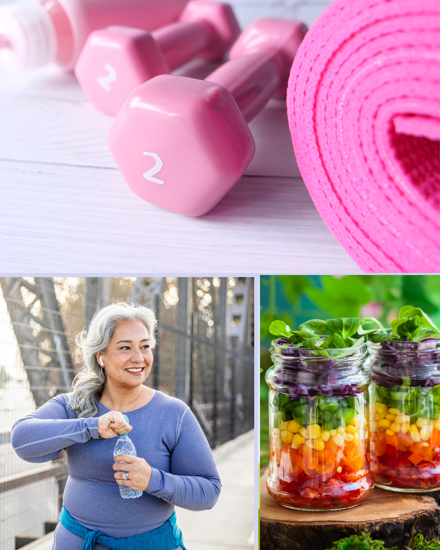 12 Fixes to Healthy carousel graphic 3 different images - 1 of weights and yoga mat, one of a woman walking and opening a bottle of water, and one of colorful foods